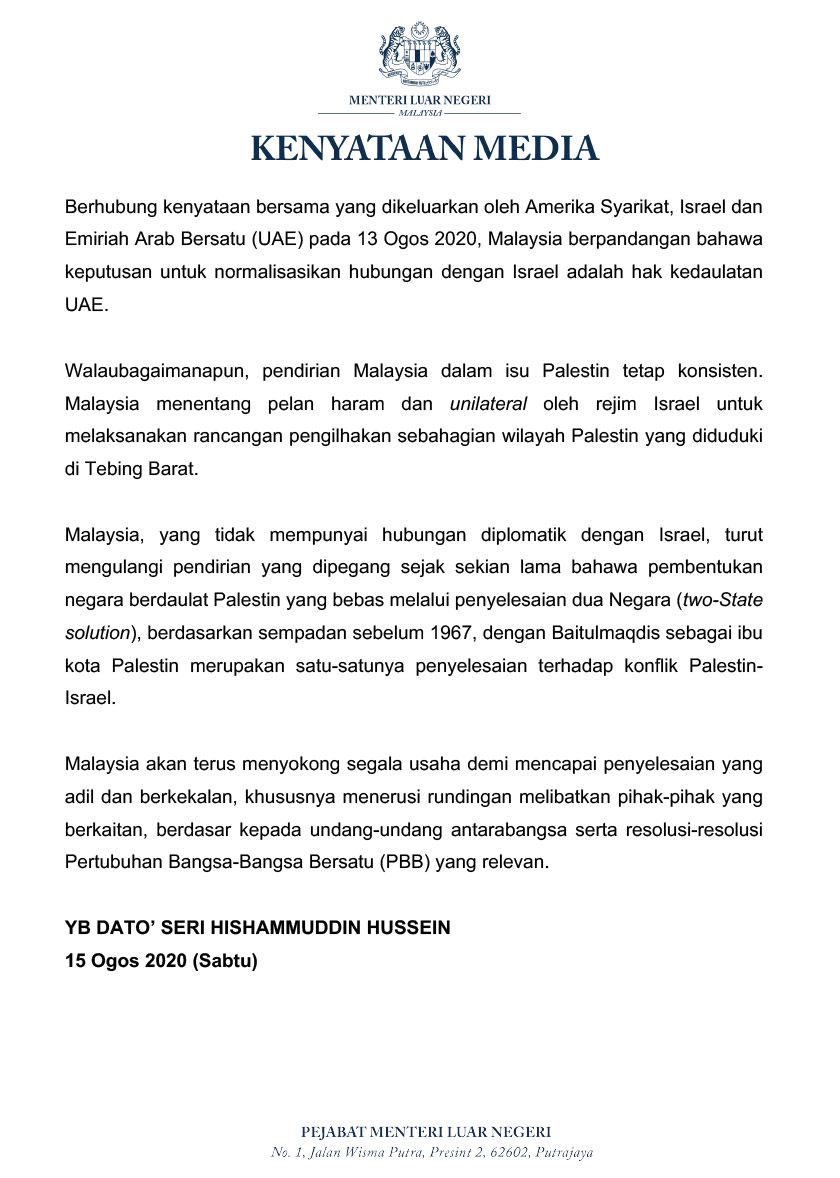 Kenyataan media Menteri Luar, Datuk Seri Hishammuddin Tun Hussein berhubung pendiran Malaysia menentang pelan haram Israel terhadap Palestin.