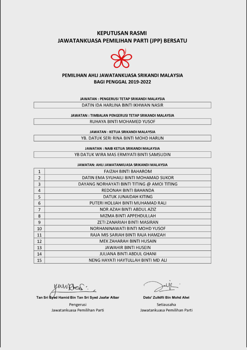 Kenyataan media keputusan pemilihan sayap Srikandi Bersatu.