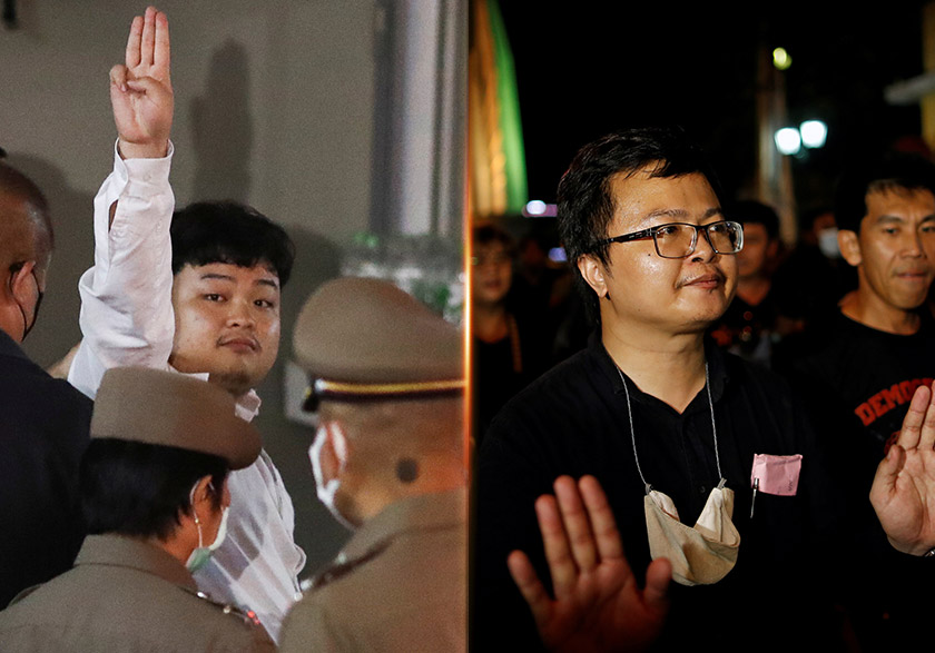 Parit Chiwarak (left) and Anon Nampa (right), among the leaders of recent anti-government protests, detained by a police in Bangkok, Thailand. REUTERSpic