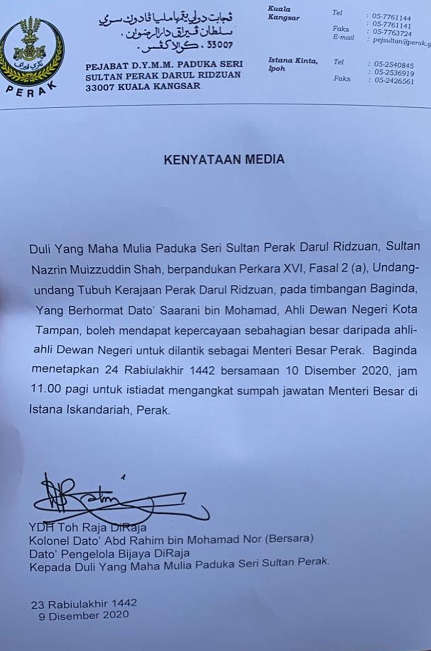 Keyataan Pejabat Sultan Perak.