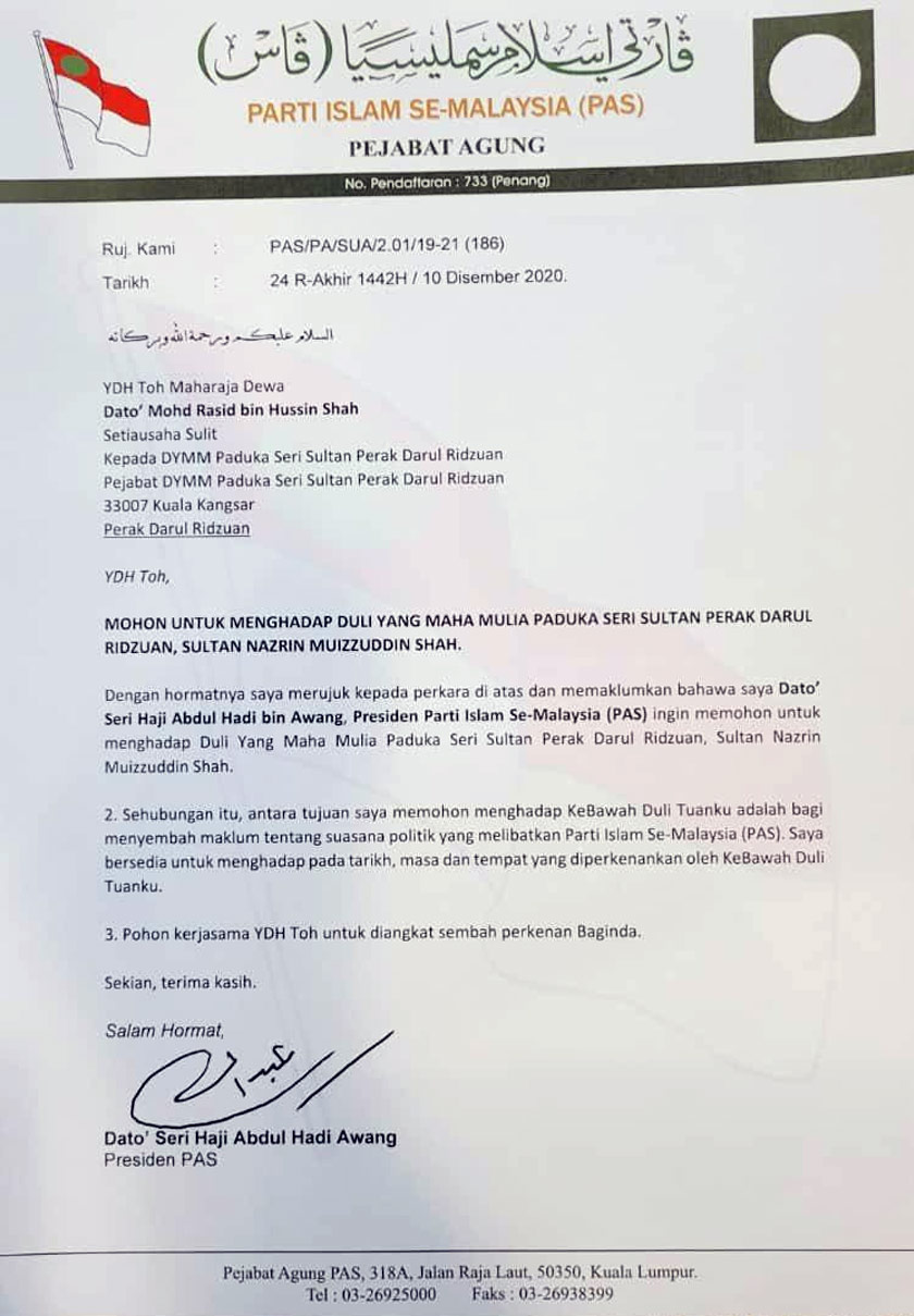 Surat yang tular di media sosial mengatakan Abdul Hadi memohon menghadap Sultan Perak.