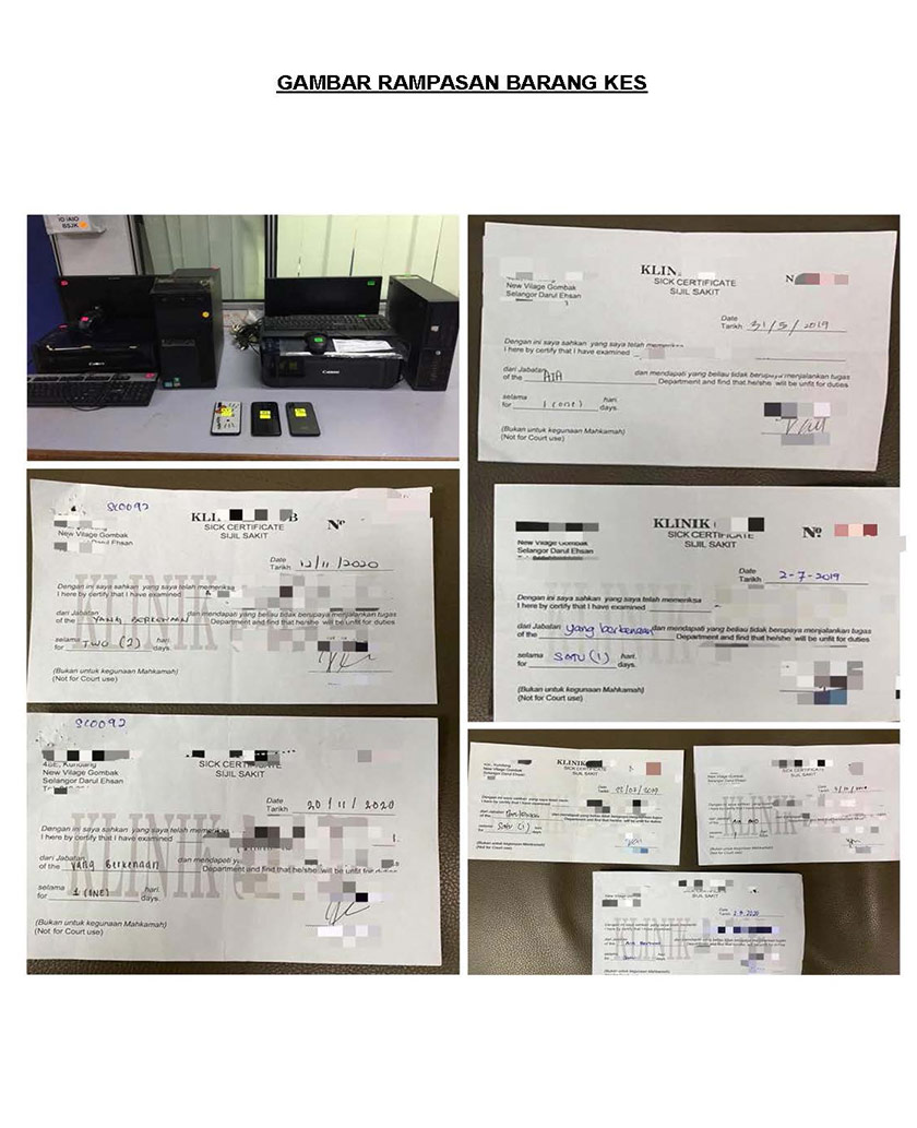 Peralatan dipercayai digunakan sindiket mencetal sijil cuti sakit palsu turut dirampas. Gambar: PDRM