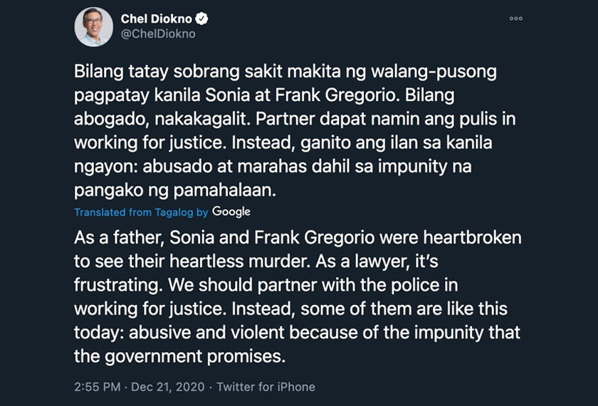 Muat naik ciapan Chel Diokno di laman Twitter