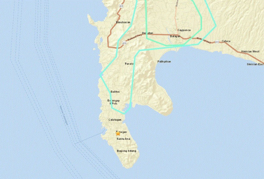 Pusat gempa berhampiran dengan bandar Calatagan, Filipina