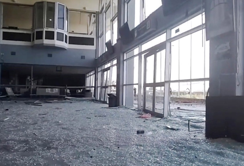 Glass and debris covers the damaged portion of the airport in Yemen’s southern city of Aden after an explosion, Wednesday, Dec. 30, 2020. The blast struck the airport building shortly after a plane carrying the newly formed Cabinet landed on Wednesday. No one on the government plane was hurt. (AP Photo)