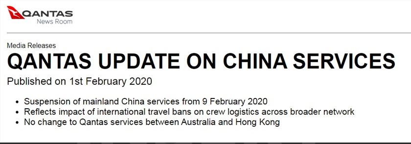 Syarikat penerbangan Australia, Qantas menggantung dua laluan ke Beijing dan Shanghai bermula 9 Februari hingga 29 Mac.