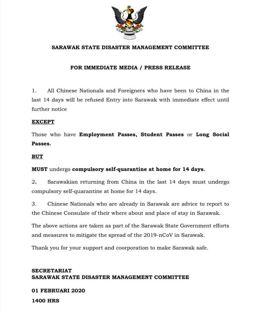 Kenyataan Media JPBN Sarawak berkaitan sekatan masuk rakyat China ke Sarawak