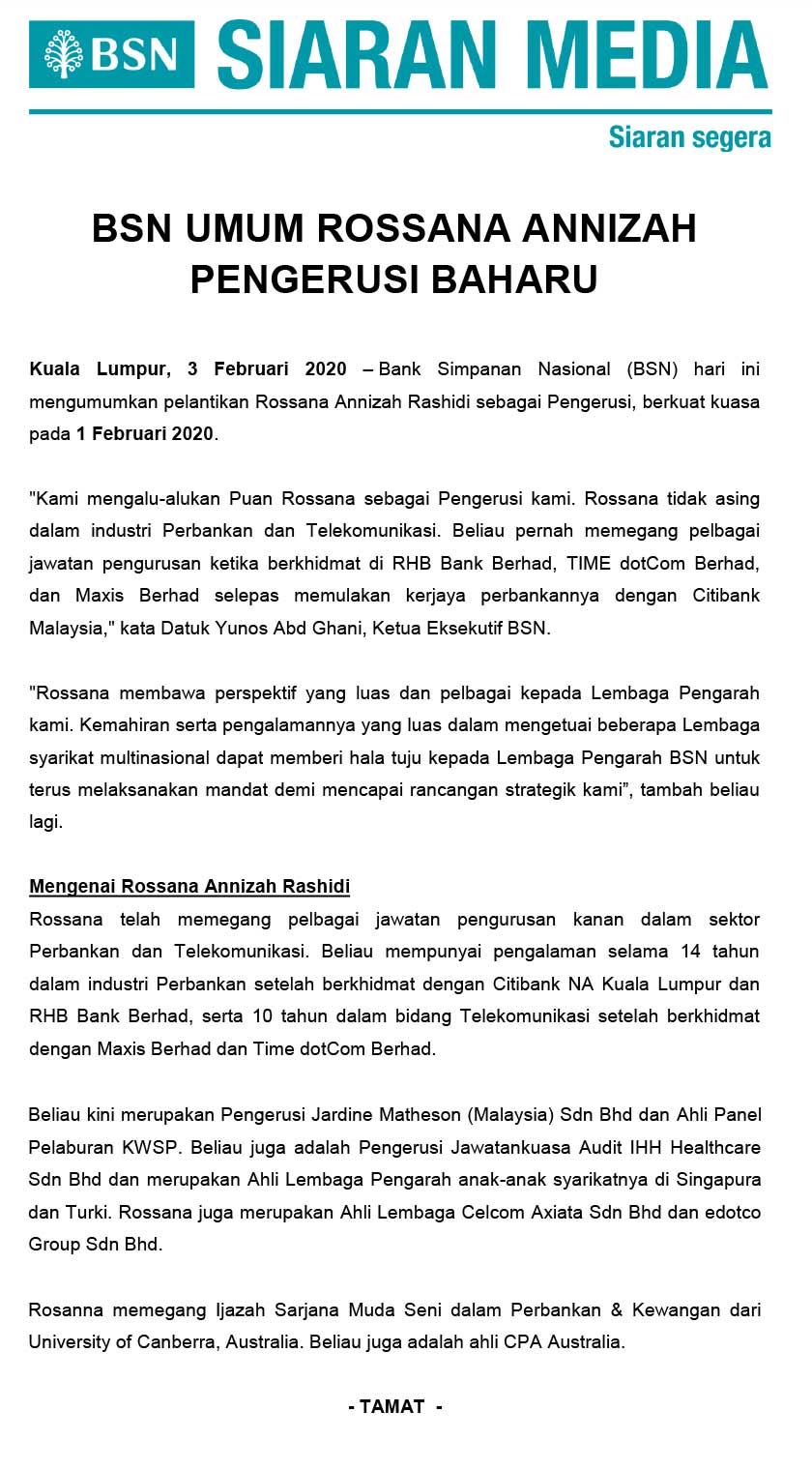 Ketua Pegawai Eksekutifnya, Datuk Yunos Abd Ghani dalam satu kenyataan pada Isnin berkata, Rossana tidak asing dalam industri perbankan dan telekomunikasi.