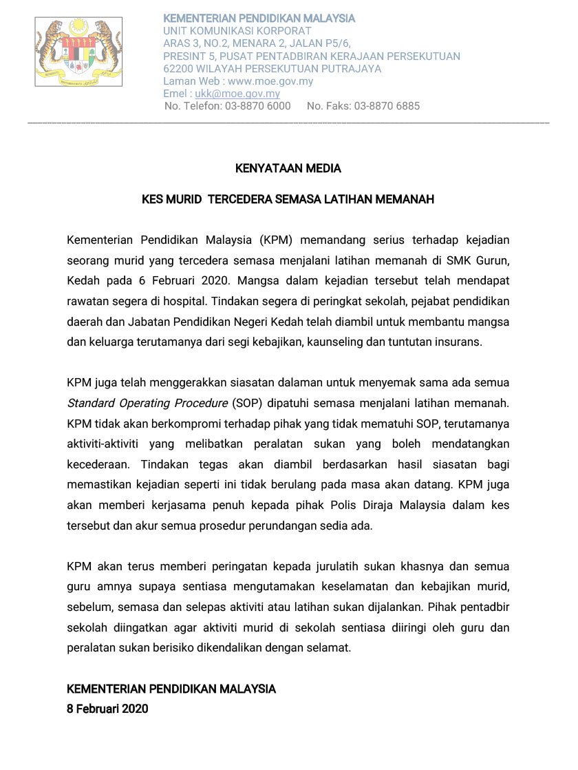 Kenyataan media kes murid tercedera semasa latihan memanah