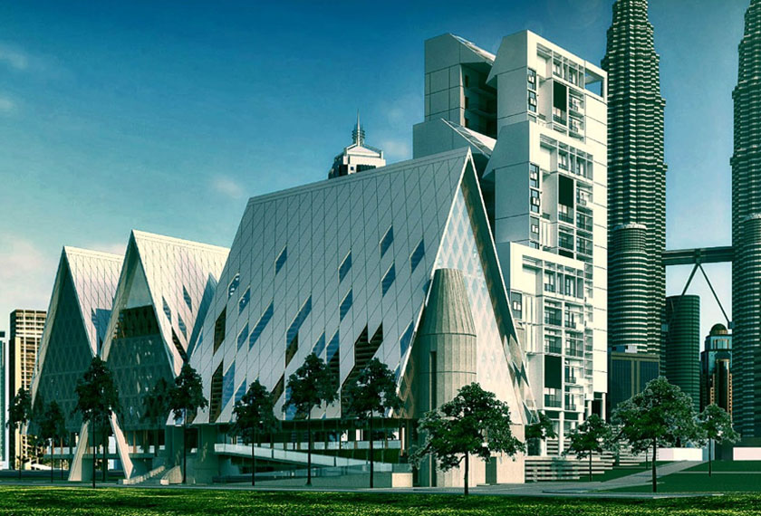 Gambaran pelukis bangunan baru ibu pejabat MAS dan DPMM yang mempunyai kediaman, dewan dan sekolah agama di Kampong Bharu - Gambar DPMM