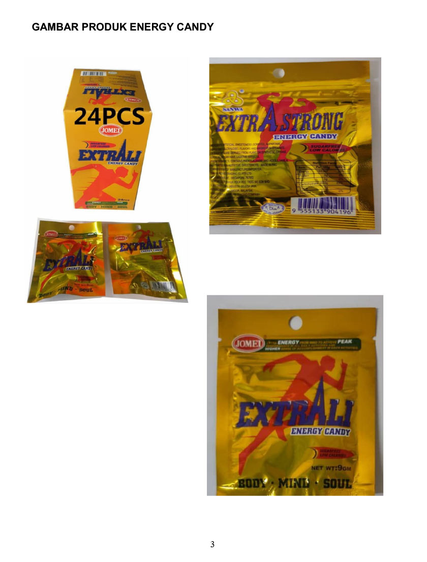 Produk yang terlibat adalah ExtrAli Energy Candy, Extra Strong Energy Candy dan Mixed Fruit Candy. - Sumber KKM