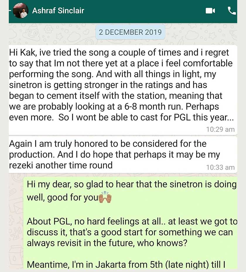 Tiara Jacquelina berkongsi mesej antara beliau dengan Allahyarham Ashraf Sinclair pada 20 Disember lalu.
