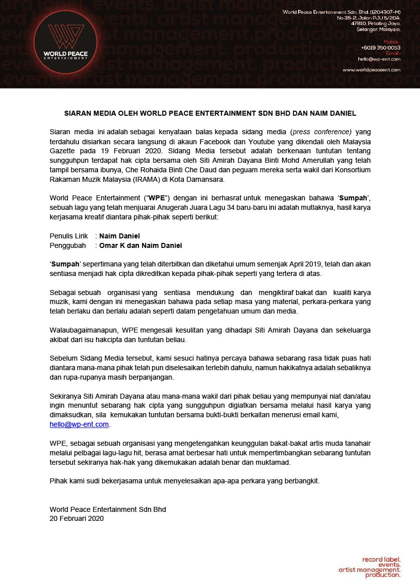 Kenyataan media oleh pihak syarikat rakaman WEP