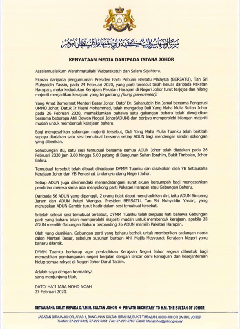 The Johor Palace says PH only obtained 26 seats while the new alliance 28 seats