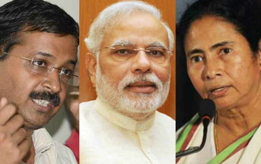 Pemimpin anti-BJP, dari kiri, Arwind Kejriwal, Narendra Modi (tengah) dan Menteri Utama Bengal Barat Mamata Banerjee (kanan). Foto India.com/Ceritalah