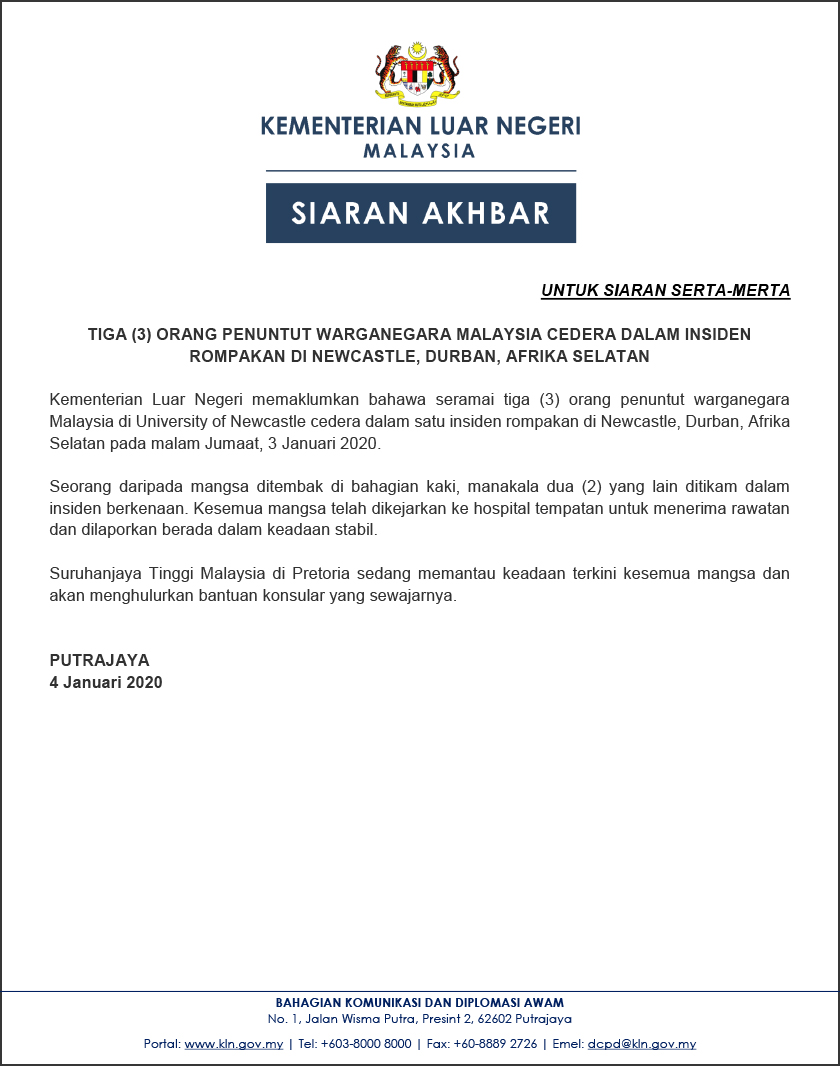 Tiga penuntut Malaysia di Newcastle itu ketika ini dilaporkan stabil