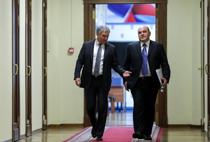 Russia's State Duma Speaker Vyacheslav Volodin (L) and Mikhail Mishustin, who was earlier nominated by Russian President Vladimir Putin as the candidate for the post of Prime Minister, walk before a meeting with members of political parties at the State Duma, the lower house of parliament, in Moscow, Russia January 16, 2020. The State Duma, The Federal Assembly of the Russian Federation/Handout via REUTERS