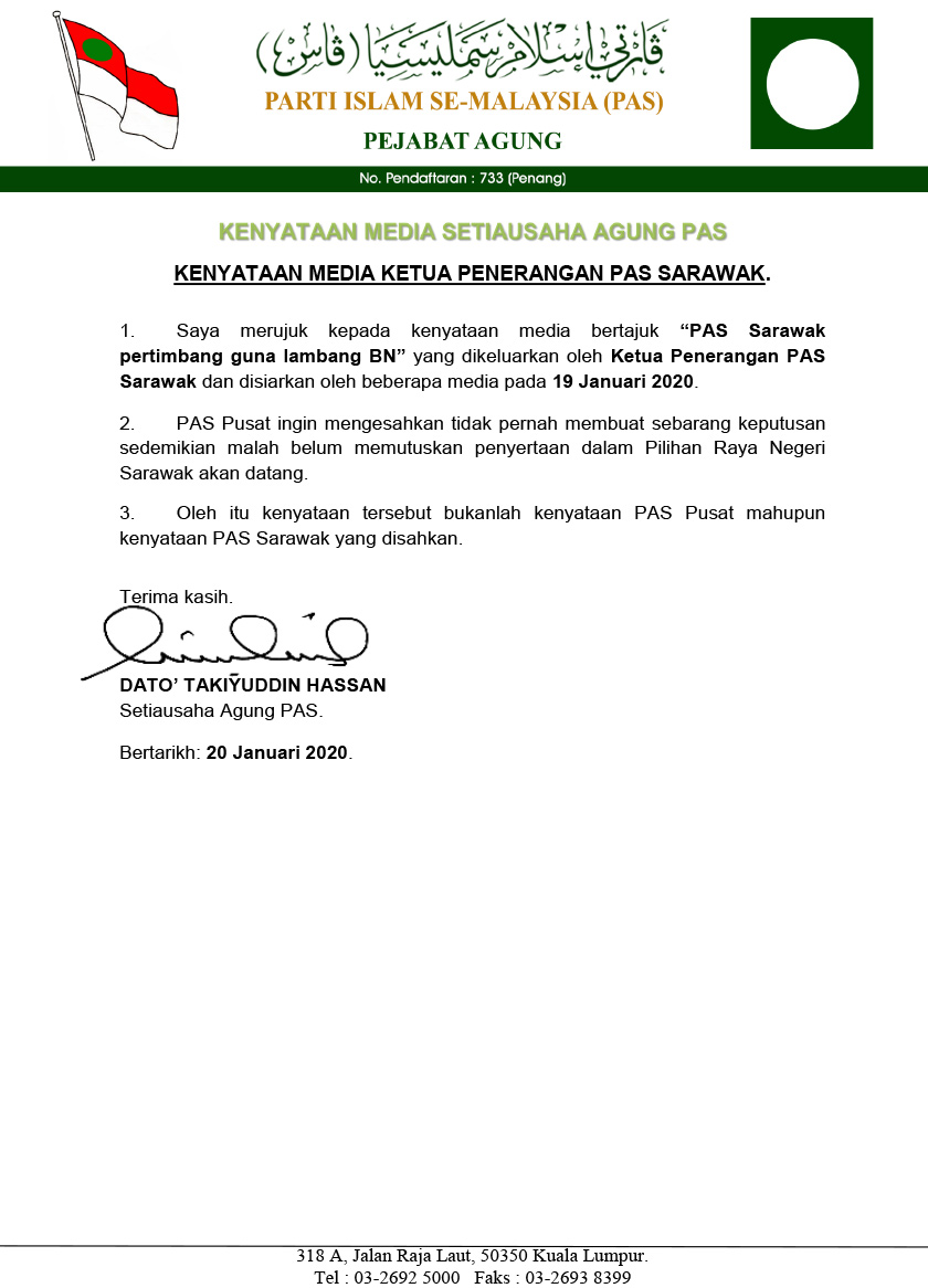 Kenyataan  Zharudin disifatkan tidak mewakili Pas Pusat mahupun  Pas Sarawak 