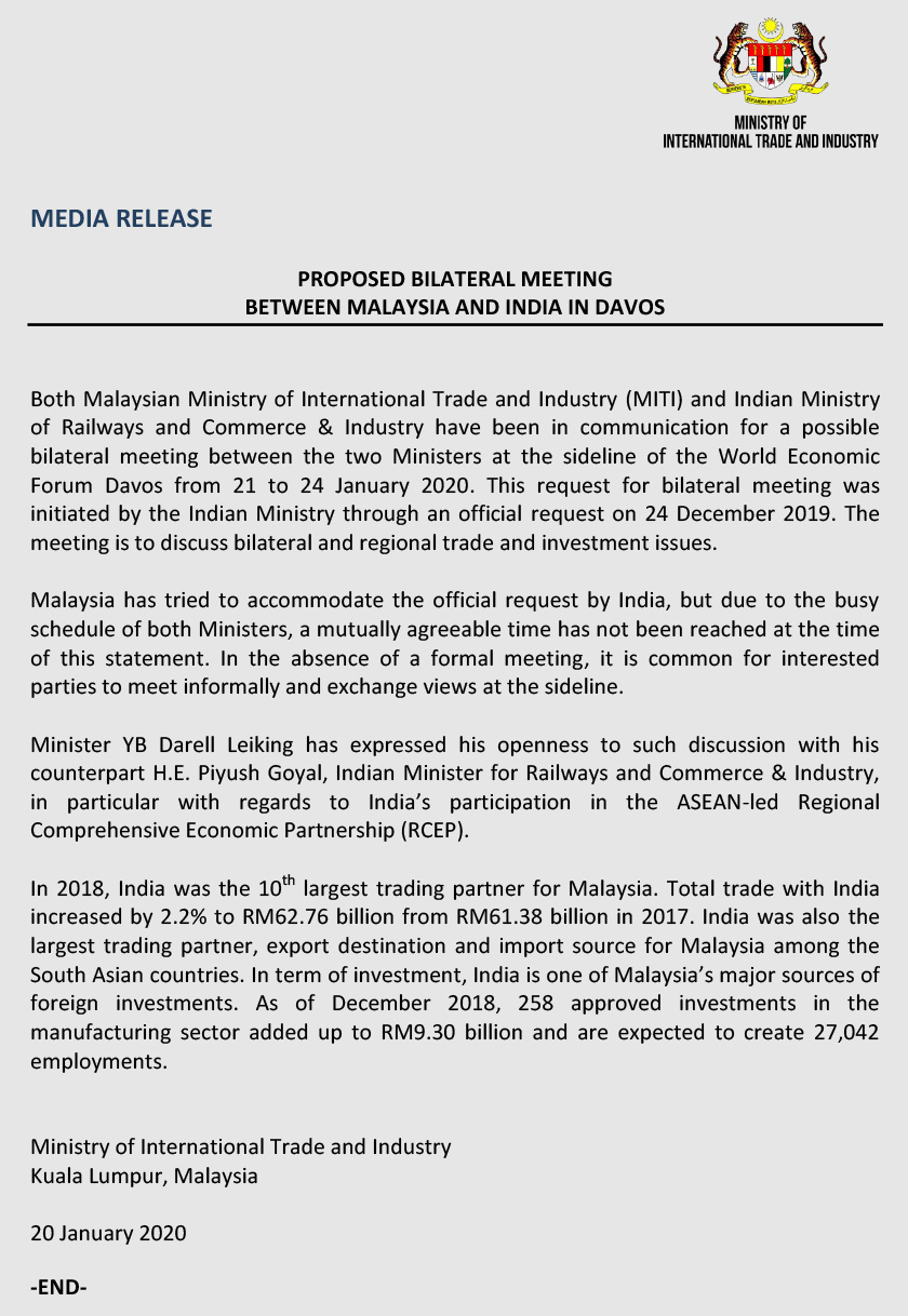 MITI dalam satu kenyataan berkata, permohonan rasmi itu disampaikan oleh Menterinya, Piyush Goyal pada 24 Disember tahun lalu.