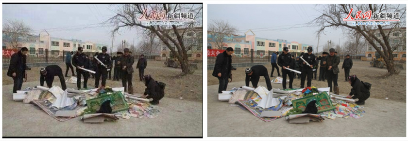 Tangkapan skrin perbandingan gambar pertama di dalam posting yang mengelirukan (kiri) dan imej People’s Daily (kanan)