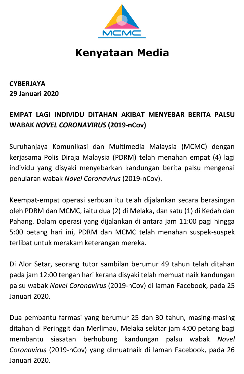 Kenyataan media SKMM mengenai penahanan empat lagi individu yang sebar berita palsu mengenai koronavirus.