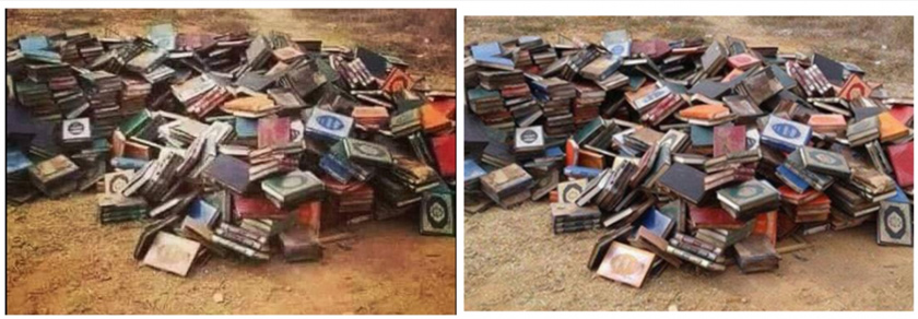 Tangkapan skrin perbandingan antara gambar ketiga di dalam posting yang mengelirukan (kiri) dan gambar di dalam repot IFP News (kanan)