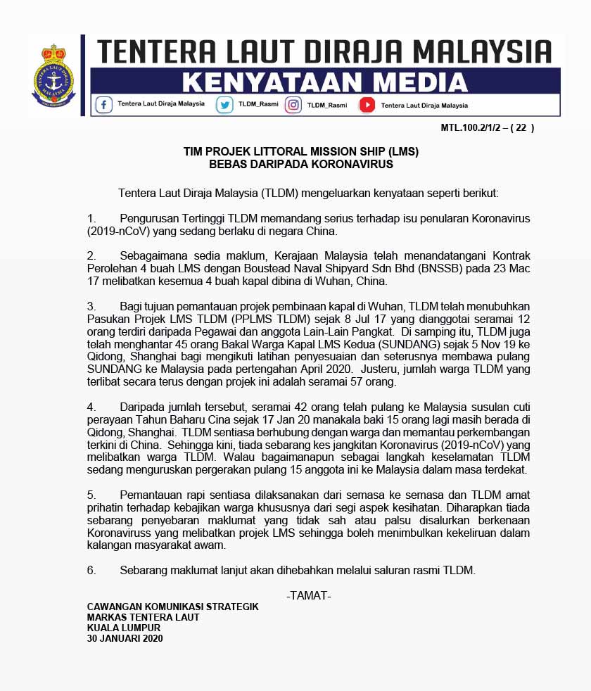 Kenyataan media Tentera Laut Diraja Malaysia (TLDM) berhubung anggota dan pegawai di Qudong, Shanghai, China.