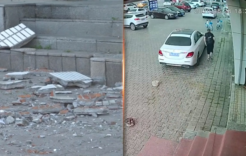 Video yang dirakam di bandar Harbin di wilayah Heilongjiang pada 28 Jun lalu memaparkan seorang lelaki melarikan diri selepas dapat merasakan batu-batu kecil mula jatuh dari tingkat atas. Foto: APTN