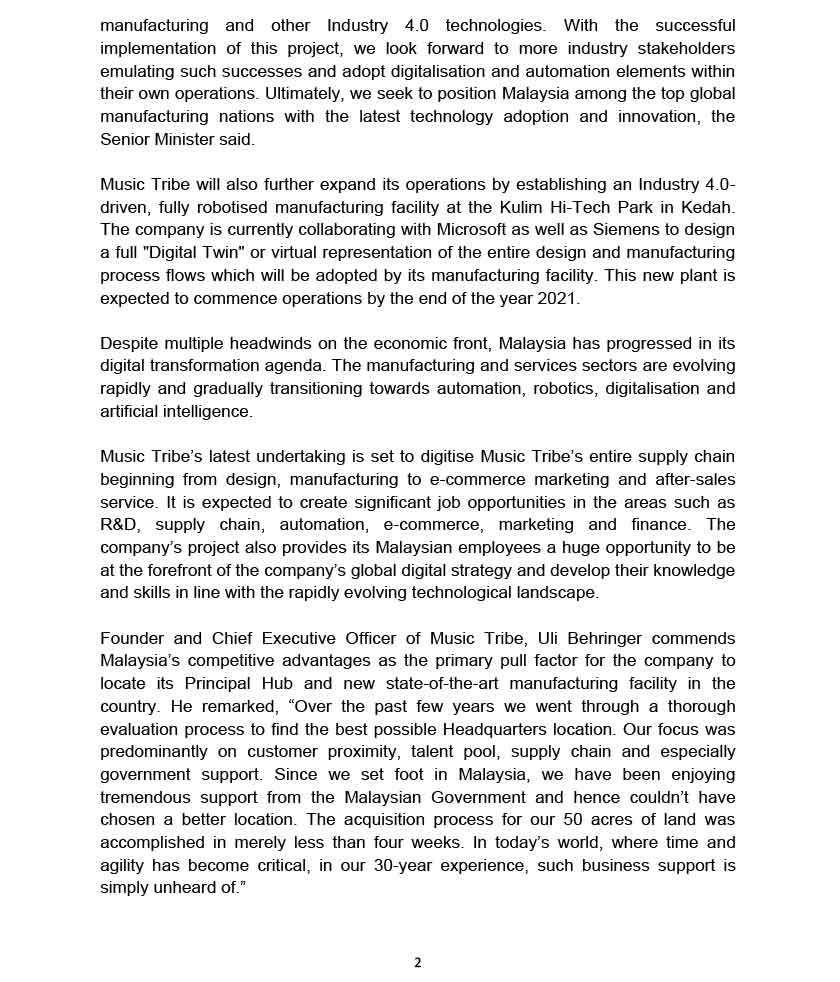 Kenyataan media Lembaga Pembangunan Pelaburan Malaysia (MIDA) mengenai langkah Music Tribe membuka ibu pejabat di Malaysia.