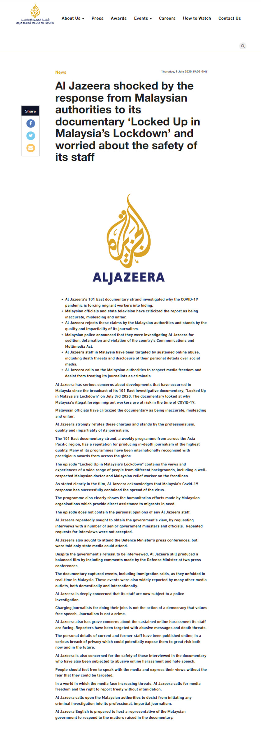 organisasi berita yang berpangkalan di Qatar itu memaklumkan ia hanya melaporkan apa yang berlaku.