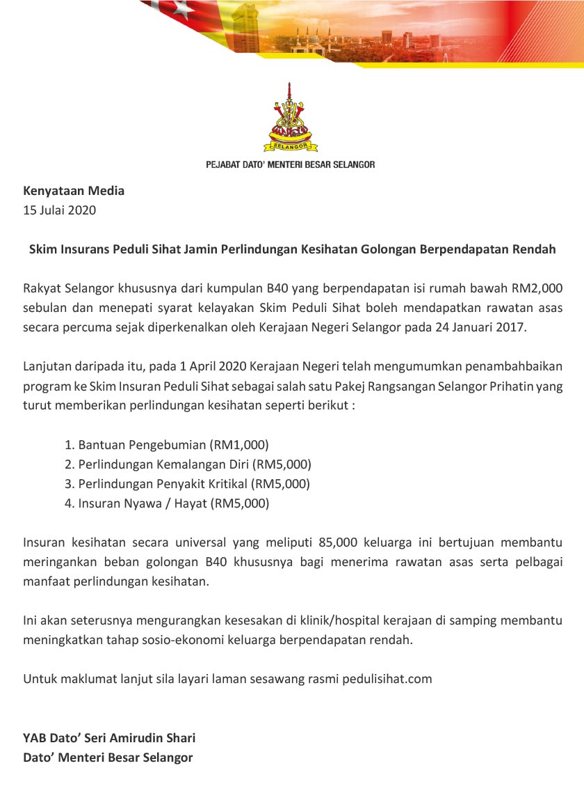 Amirudin berkata, usaha itu bertujuan membantu meringankan beban golongan B40 dalam menerima rawatan asas serta manfaat perlindungan kesihatan.