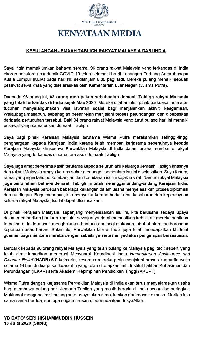 Kementerian Luar dalam kenyataan memaklumkan 62 jemaah tabligh antara 96 rakyat Malaysia yang terkandas di India selamat tiba di KLIA pagi Sabtu.