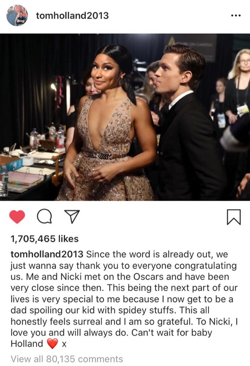 Tom Holland yang memengang watak Spider-man dalam siri Avengers, telah memuat naik gambar di Instagram dia bersama Nicki