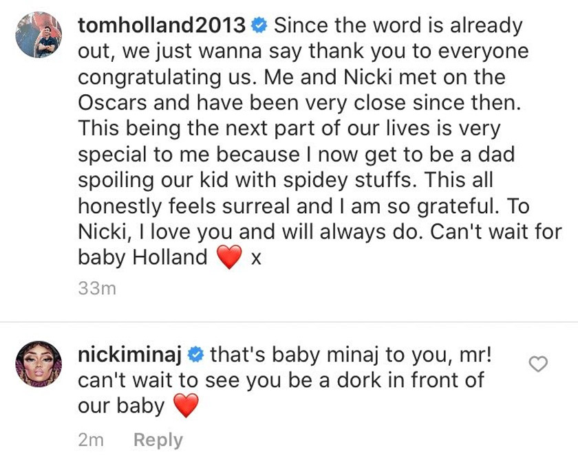 Nicki juga membalas komen di Instagram Tom