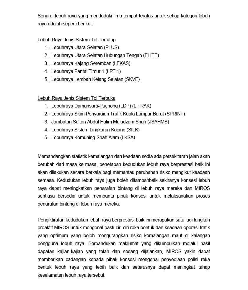 MIROS senaraikan 10 lebuh raya berprestasi baik