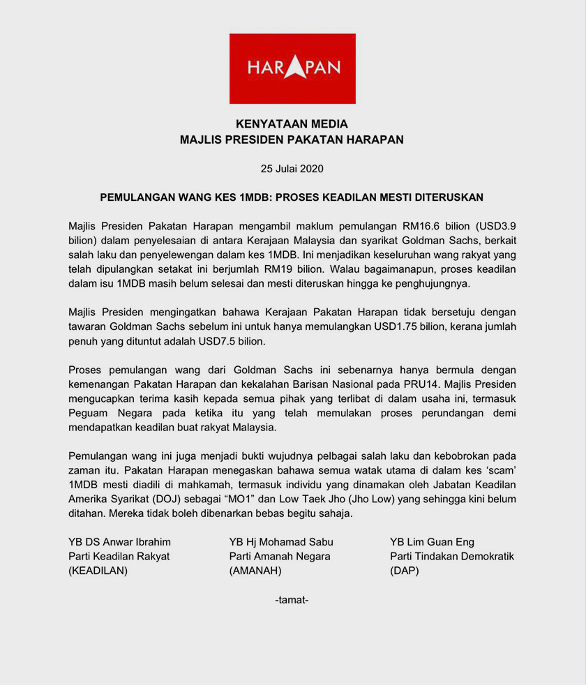 Ini menjadikan keseluruhan wang rakyat yang telah dipulangkan ini berjumlah RM19 bilion