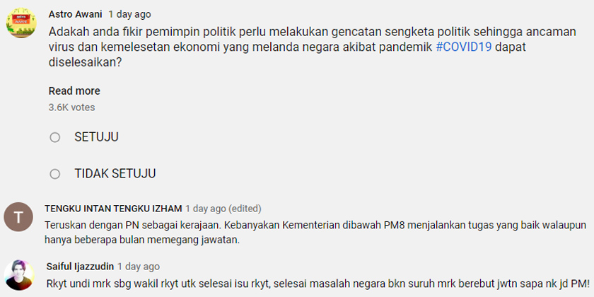 Di YouTube pula, hanya sembilan peratus daripada lebih 3,600 responden memilih untuk tidak bersetuju manakala 91 peratus daripadanya bersetuju.