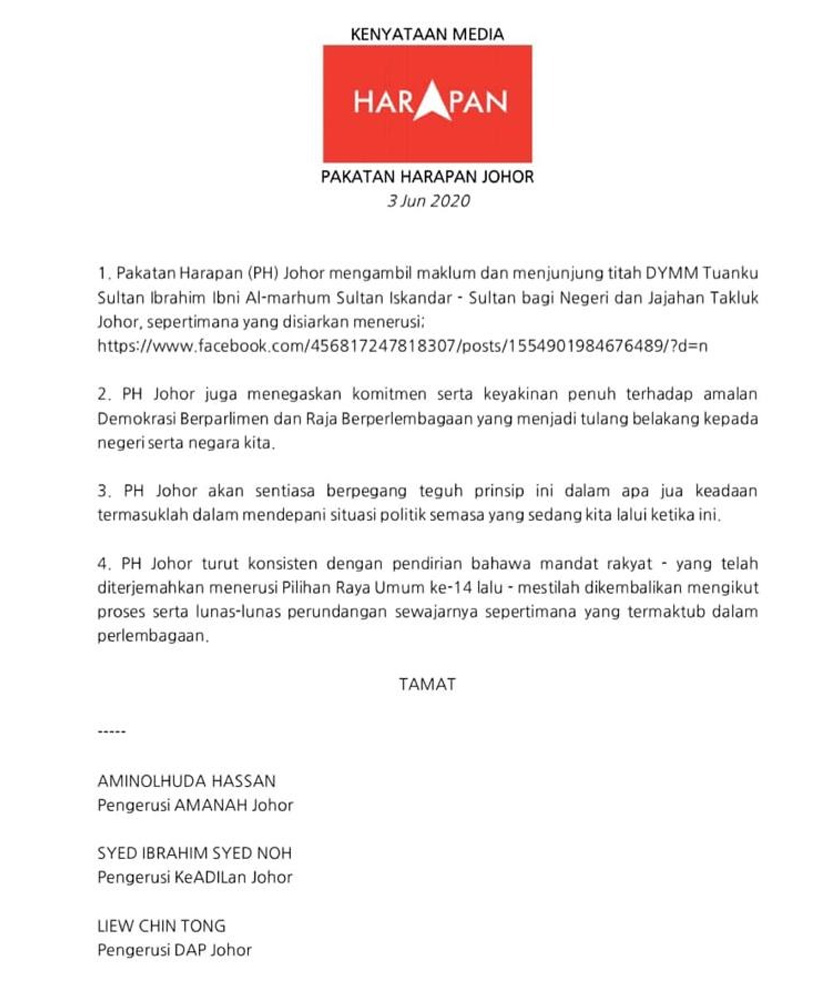 Kenyataan media bersama yang dikeluarkan PH Johor