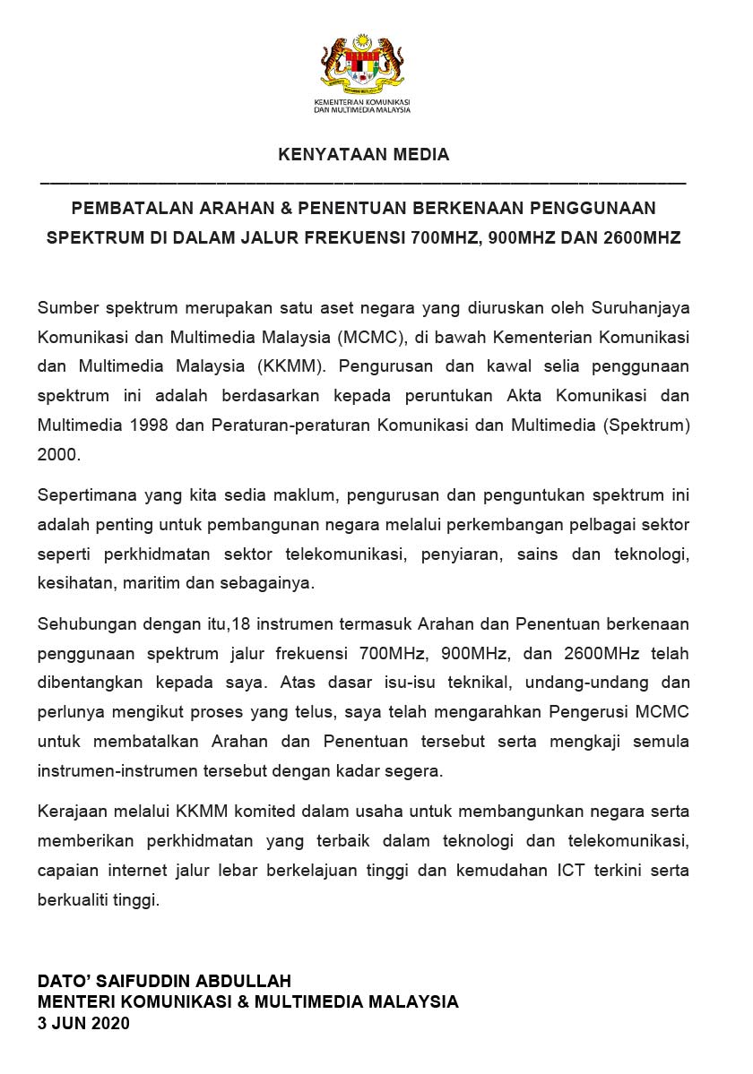 Kenyataan media Kementerian Komunikasi dan Multimedia Malaysia.