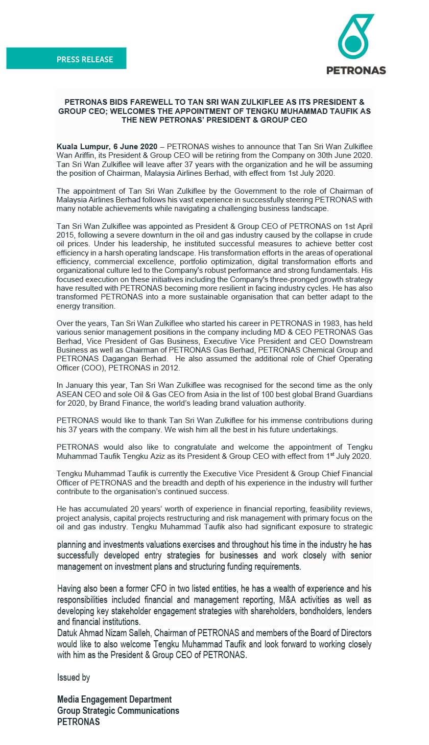 Perdana Menteri Tan Sri Muhyiddin Yassin terdahulu mengumumkan Wan Zulkiflee sebagai Pengerusi syarikat Malaysia Airlines baharu.