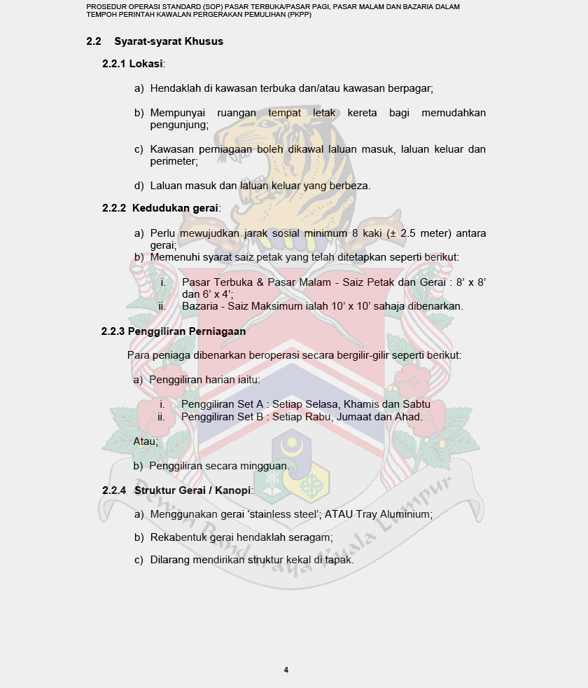PROSEDUR OPERASI STANDARD (SOP) PEMBUKAAN PASAR PAGI / PASAR TERBUKA, PASAR MALAM DAN BAZARIA DALAM TEMPOH PERINTAH KAWALAN PERGERAKAN PEMULIHAN (PKPP) TAHUN 2020.