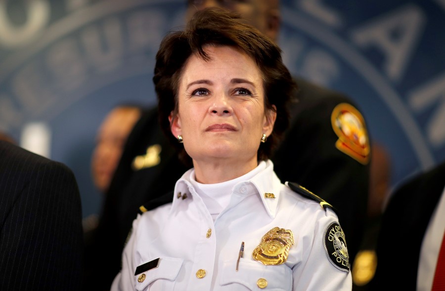 In this Thursday, Jan. 4, 2018, file photo, Atlanta Police Chief Erika Shields attends a news conference in Atlanta. On Saturday, June 13, 2020, Atlanta Mayor Keisha Lance Bottoms announced that Shields is resigning after an officer fatally shot a man who snatched an officer’s Taser and ran after a struggle in a restaurant parking lot. (AP Photo/David Goldman, File