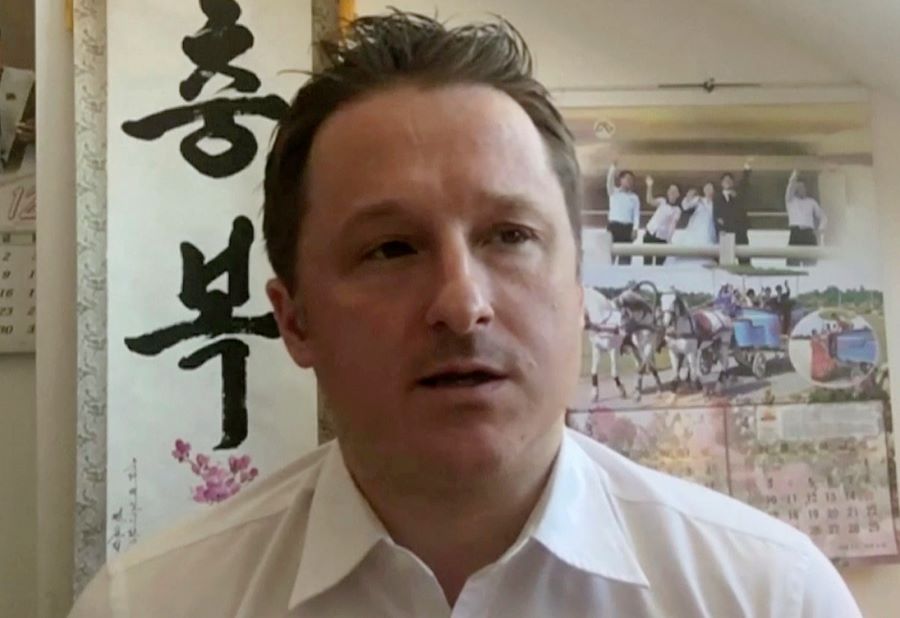 In this March 2, 2017, file image made from video, Michael Spavor, director of Paektu Cultural Exchange, talks during a Skype interview in Yanji, China. China has charged two detained Canadians with spying in cases linked to Canada’s arrest of a Huawei executive on U.S. charges. Chinese prosecutors said Friday, June 19, 2020, that Spavor and Michael Kovrig have been charged. (AP Photo, File)