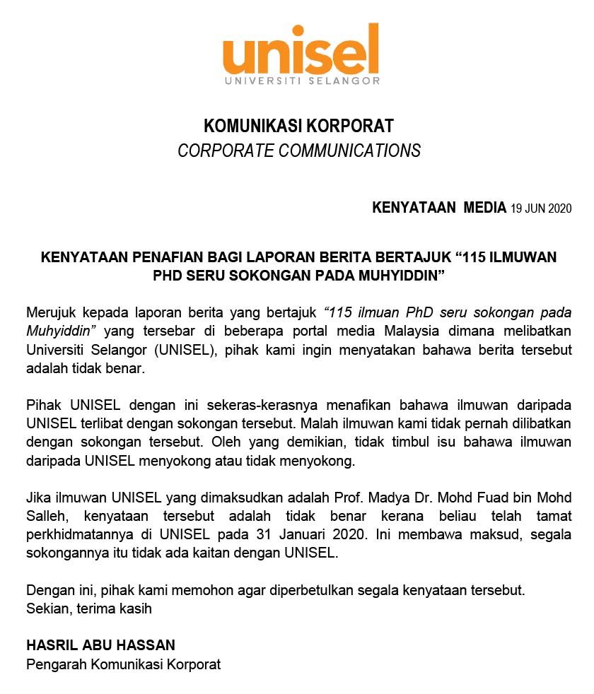 UNISEL menafikan pensyarah institusi berkenaan terlibat dalam gabungan 115 ilmuan yang mengeluarkan kenyataan menyokong kerajaan.