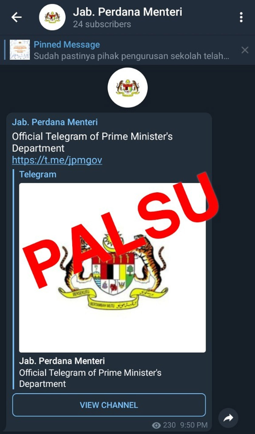 Telegram palsu yang menggunakan nama Jab. Perdana Menteri.