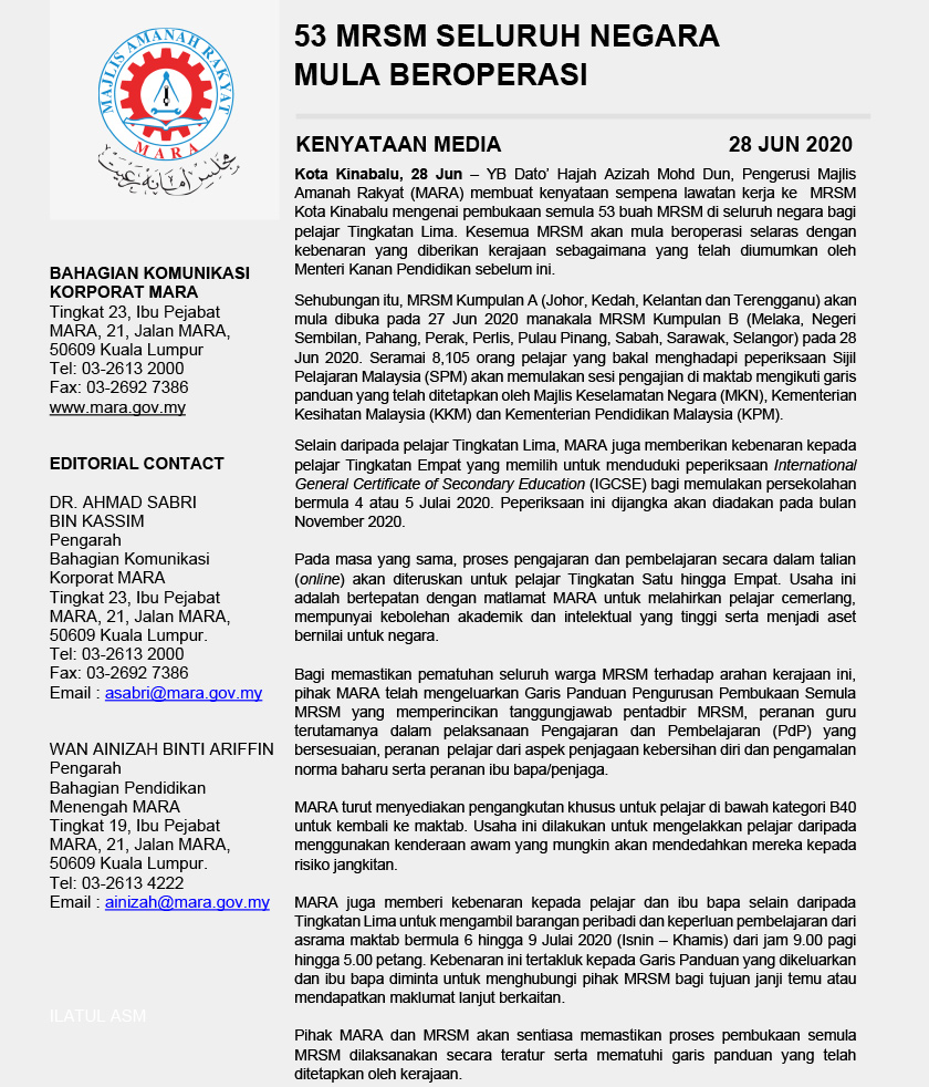 Kenyataan media Majlis Amanah Rakyat (Mara) berkenaan pembukaan semula 53 buah MRSM di seluruh negara.