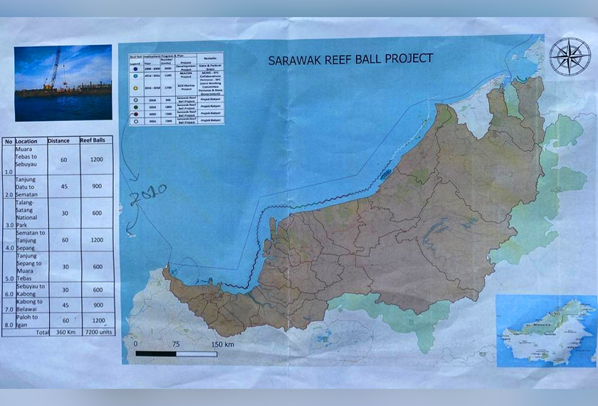 Jajaran tukun tiruan yang digambarkan melalui peta Sarawak. -Gambar Astro AWANI