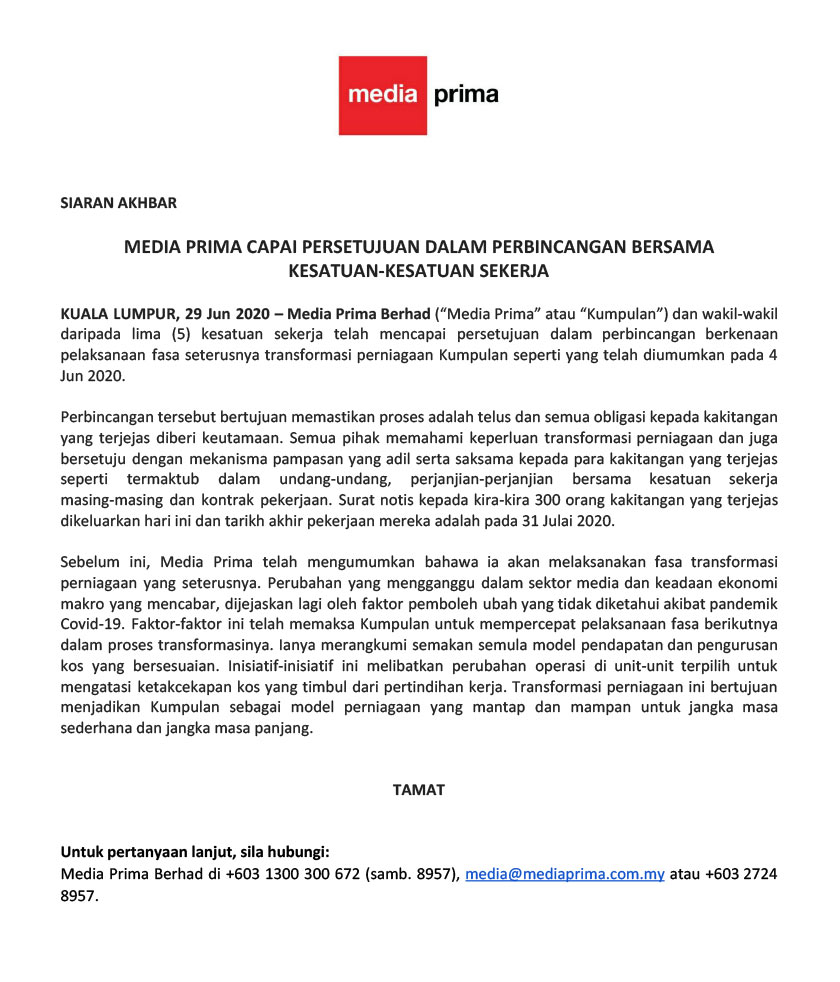 Keputusan ini dibuat susulan perbincangan antara pihak pengurusan dan wakil daripada lima kesatuan sekerja. 