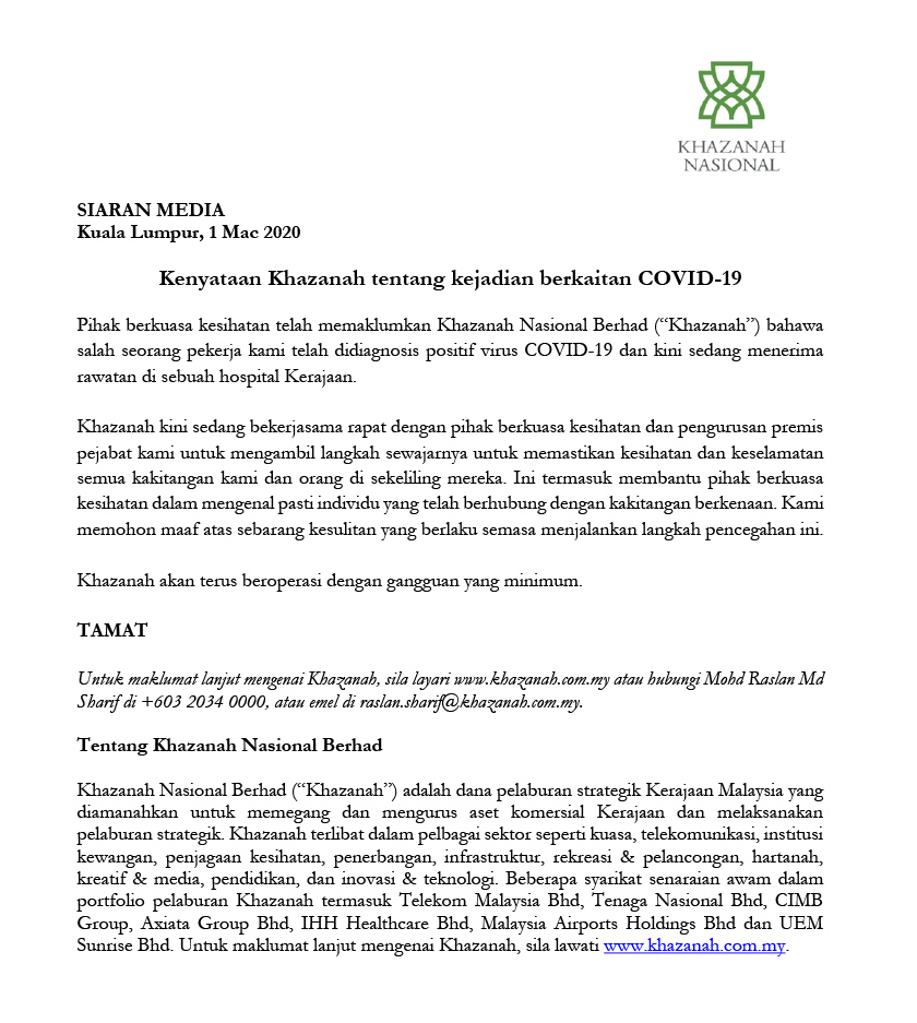 Kenyataan media oleh Khazanah. 