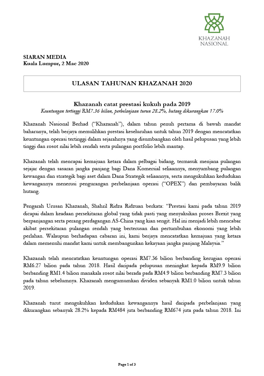 Kenyataan media Khazanah.